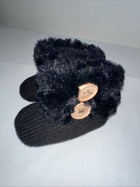 Black Faux-Fur Cuffed Baby Booties with Button Detail